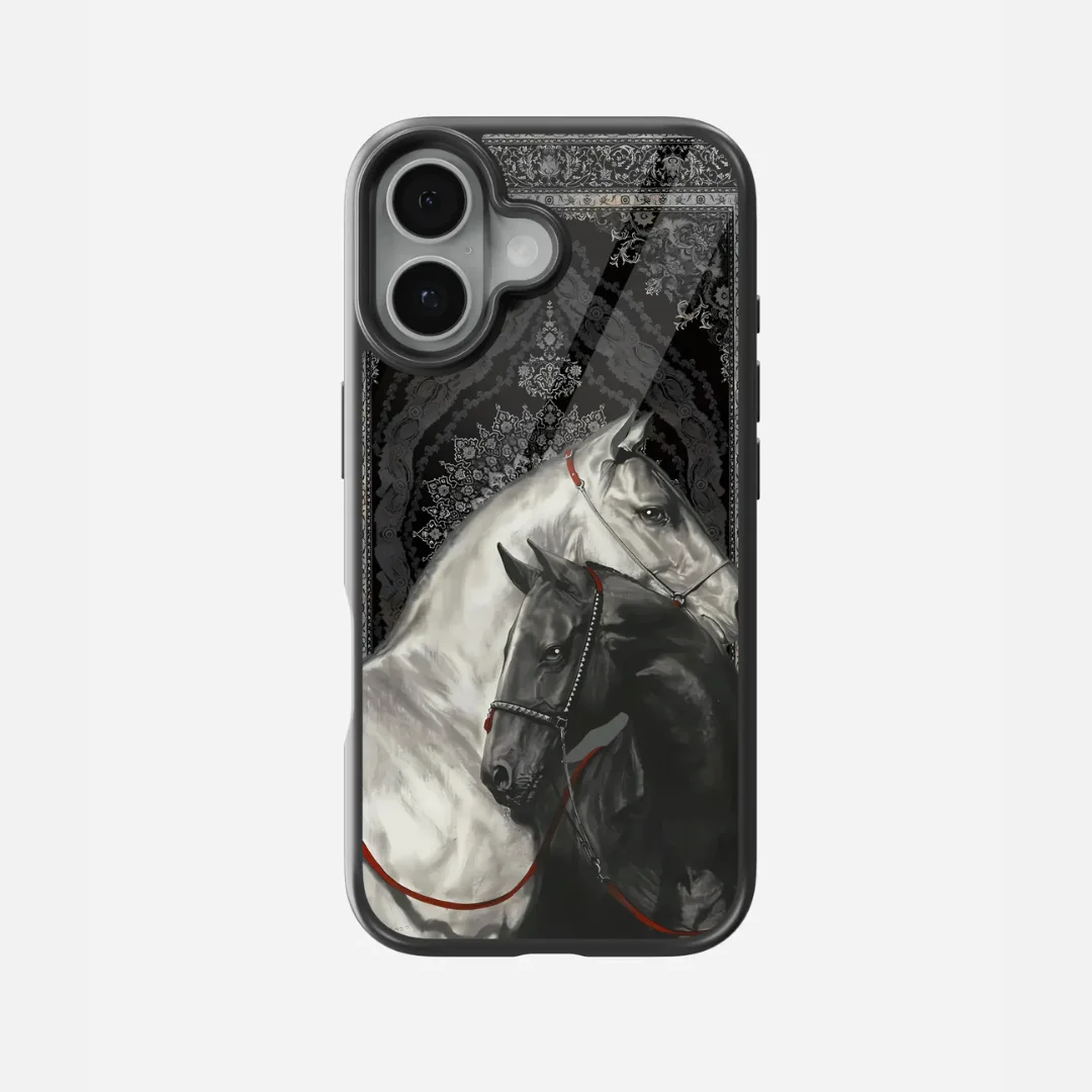 Two-Horses-Black-Carpet-Glass-Case Two Horses Black Carpet Glass Case - Image 1